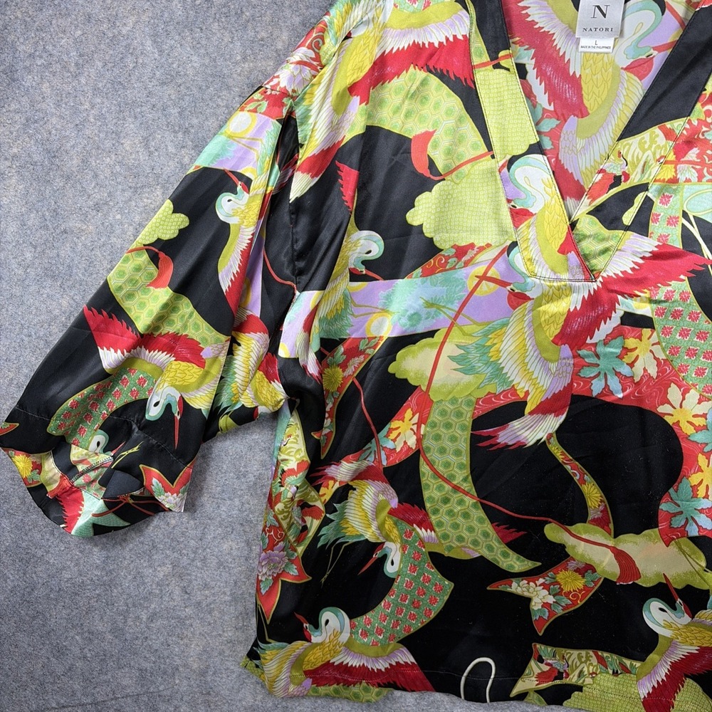 Natori Blouse Kimono V Neck 3/4 Sleeves Birds Pattern Medium - Picture 3 of 10